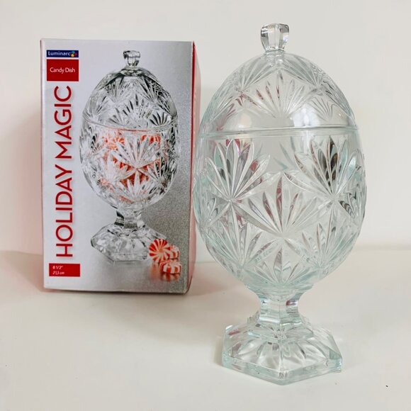Luminarc USA Holiday Magic Crystal Candy Dish Octagon Pedestal Lid Trinket VTG - Picture 1 of 16
